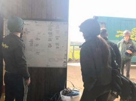 Jockeys look at the riding out chart at Philip Kirby racing stables, in the wake of the coronavirus. Photo: courtesy Philip Kirby.
