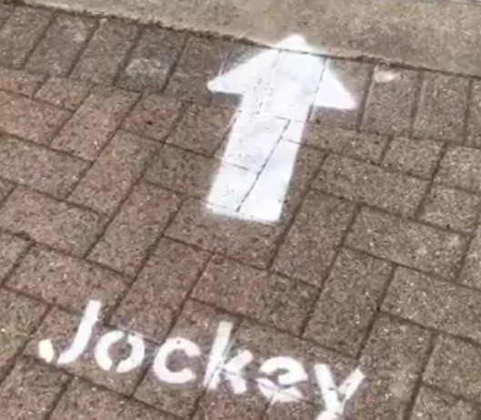 This way. Jockeys temporary changing rooms at Newcastle racecourse.
