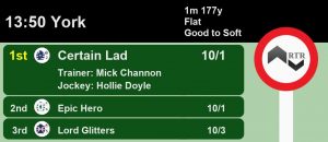 Certain Lad (10-1) fromthehorsesmouth.info selection won Skybet G3 Stakes at York's Ebor meeting on Saturday.