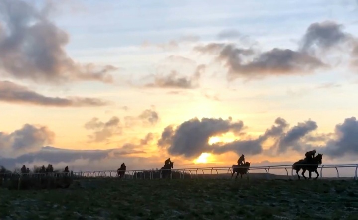 Trainer Nick Alexander spent Saturday at Kinneston, Fife, keeping horses fit after Cheltenham was abandoned. Photo: Twitter