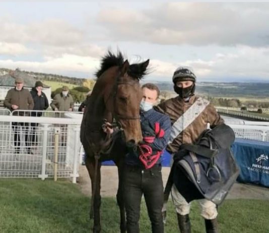 Tom Midgley in the winner's enclosure at Hexham after riding Tim Easterby trained Betty Baloo.