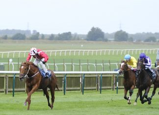 Saffron Beach won Group 1 Kingdom of Bahrain Sun Chariot Stakes at Newmarket. Image Twitter - Newmarket racecourse