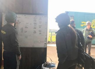 Jockeys look at the riding out chart at Philip Kirby racing stables, in the wake of the coronavirus. Photo: courtesy Philip Kirby.