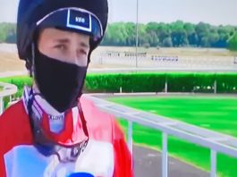 Masked-jockey Ben Robinson at Newcastle as racing returned on June 1, amid COVID-19 lockdown.