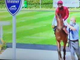 Jockey Adam Kirby returns to the winner's enclosure with fromthehorsesmouth.info 8-1 tip Guru.