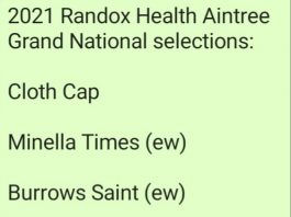 Aintree Grand National fromthehorsesmouth.info selections bore fruit: Minella Times 11-1 (1st), Any Second Now 15-2 (3rd), Burrows Saint 9-1 (4th).