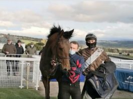 Tom Midgley in the winner's enclosure at Hexham after riding Tim Easterby trained Betty Baloo.